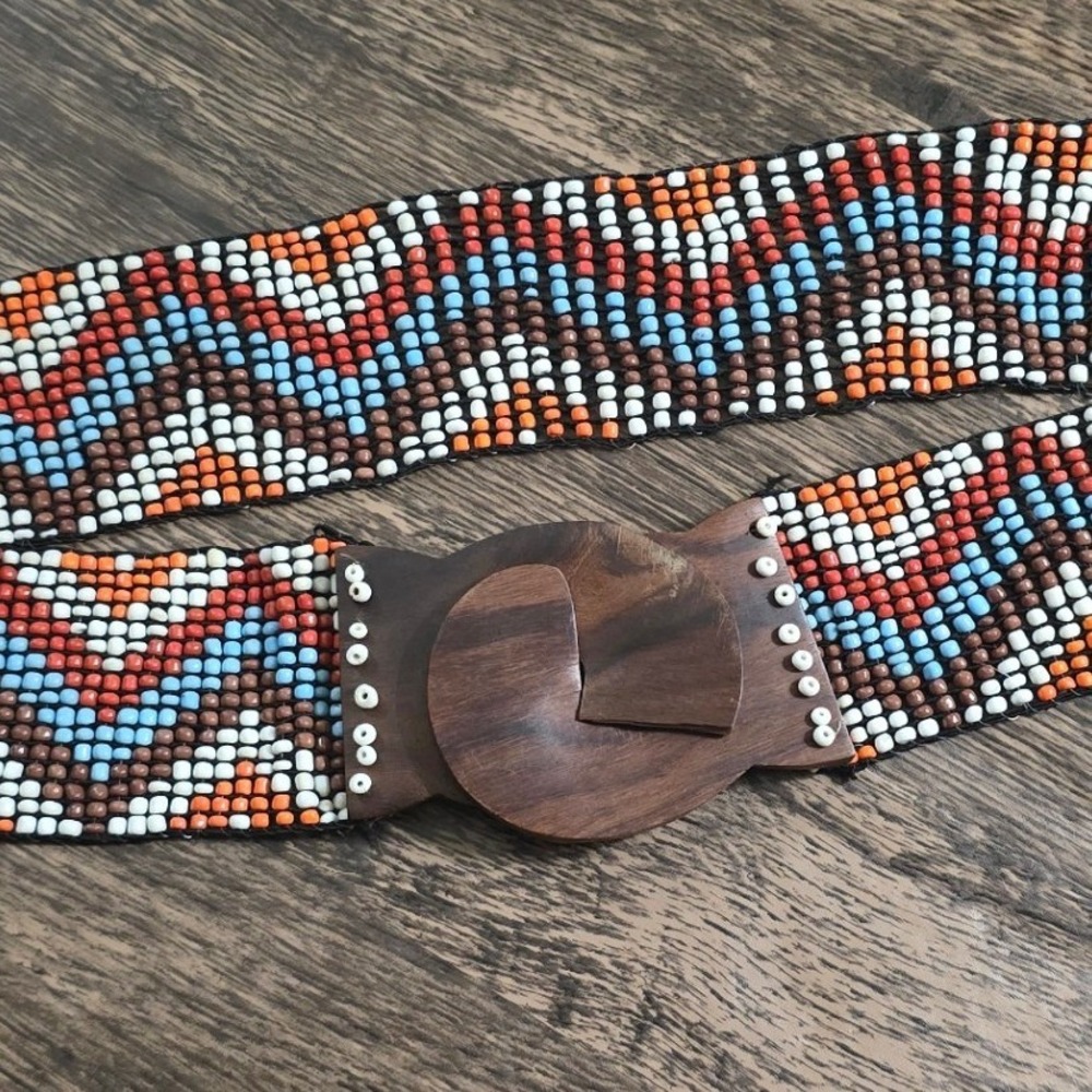 BEADED STRETCH Belt Womens 38" Multicolor Excellent Boho Tribal Wood‎ Buckle